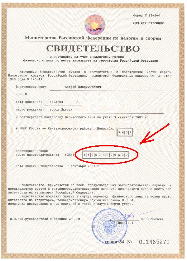 Свидетельство ИНН